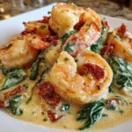 Plated Keto Creamy Tuscan Shrimp Skillet featuring plump shrimp in a rich cream sauce with spinach and sun-dried tomatoes.