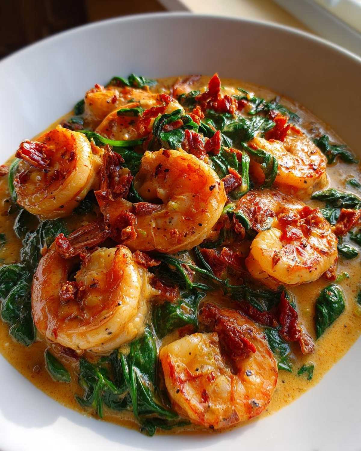 Close-up of Keto Creamy Tuscan Shrimp Skillet featuring plump shrimp, spinach, and sun-dried tomatoes in a rich sauce.
