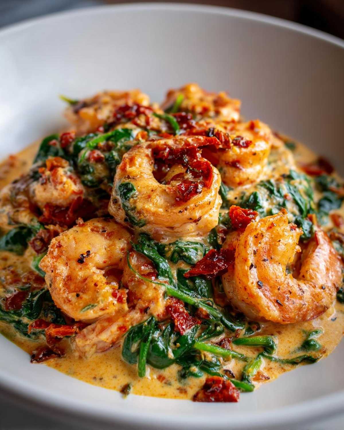 Close-up of Keto Creamy Tuscan Shrimp Skillet featuring plump shrimp, spinach, and sun-dried tomatoes in a rich sauce.