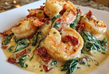 Plated Keto Creamy Tuscan Shrimp Skillet featuring plump shrimp in a rich cream sauce with spinach and sun-dried tomatoes.