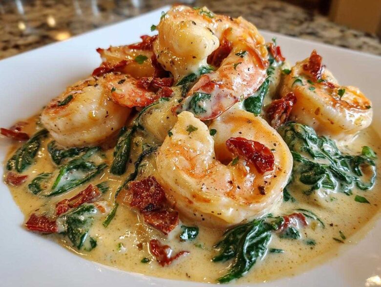 Plated Keto Creamy Tuscan Shrimp Skillet featuring plump shrimp in a rich cream sauce with spinach and sun-dried tomatoes.