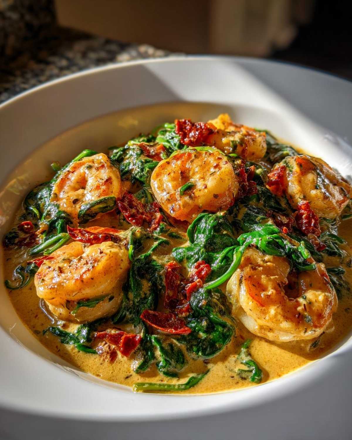Close-up of Keto Creamy Tuscan Shrimp Skillet featuring large shrimp, spinach, and sun-dried tomatoes in a rich sauce.