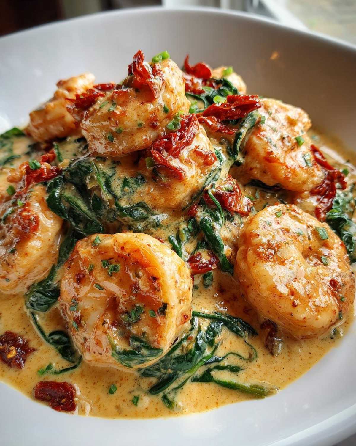Close-up of plump shrimp coated in a rich, creamy sauce with spinach and sun-dried tomatoes in a Keto Creamy Tuscan Shrimp Skillet.