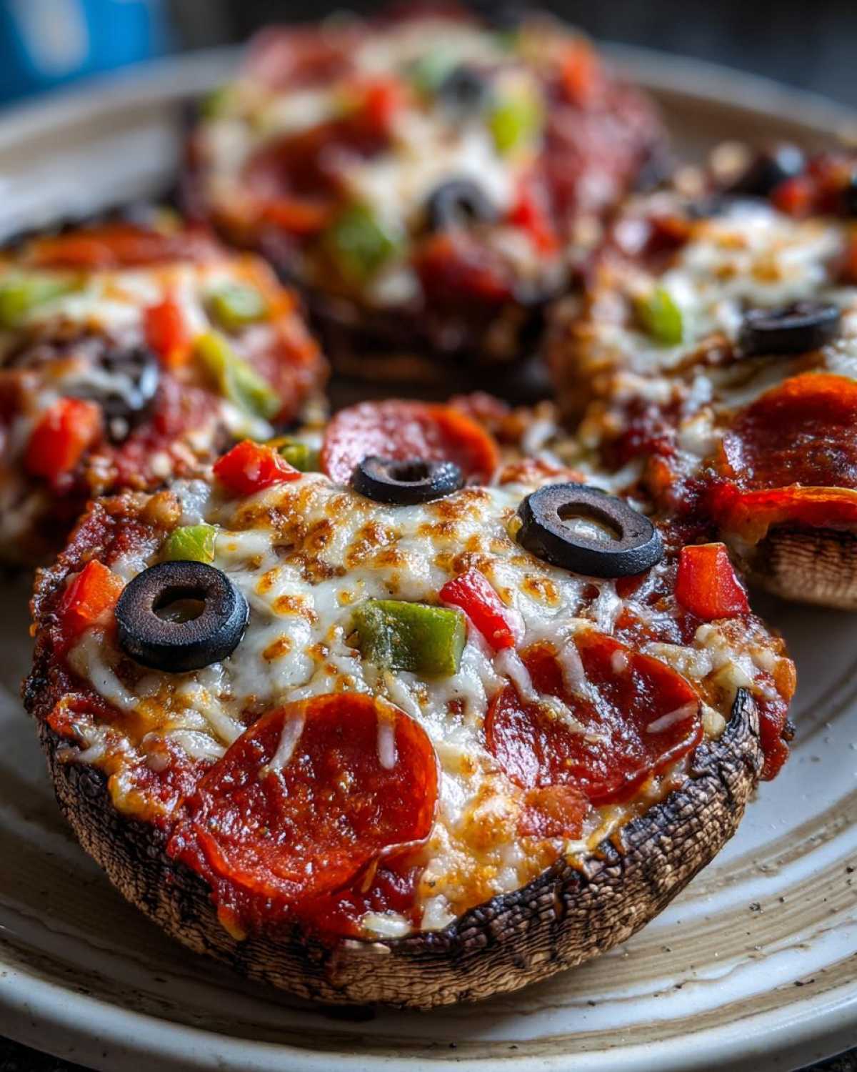 A close-up of a baked Keto Pizza Stuffed Portobello Mushroom topped with melted cheese, pepperoni, olives, and peppers.