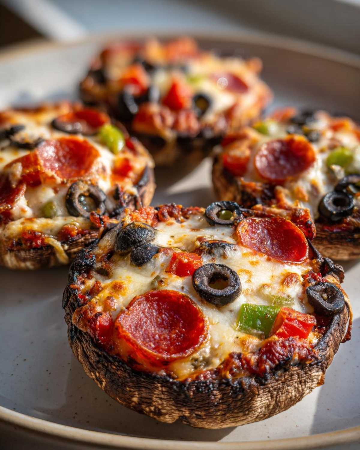 Close-up of baked Keto Pizza Stuffed Portobello Mushrooms topped with melted cheese, pepperoni, and olives.