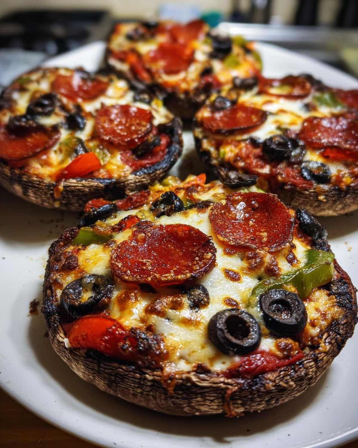Close-up of baked Keto Pizza Stuffed Portobello Mushrooms topped with pepperoni, olives, and melted cheese.