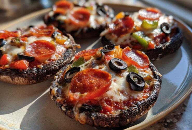 Four baked Keto Pizza Stuffed Portobello Mushrooms topped with melted cheese, pepperoni, olives, and peppers.