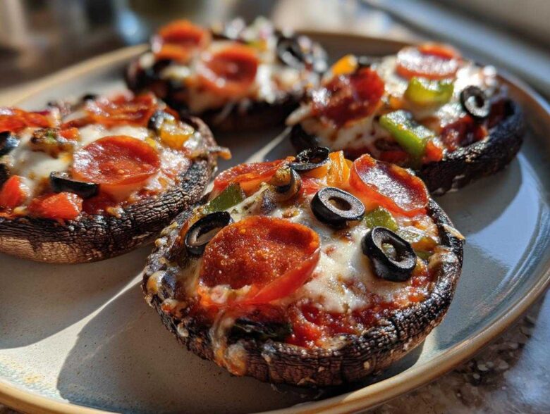 Four baked Keto Pizza Stuffed Portobello Mushrooms topped with melted cheese, pepperoni, olives, and peppers.