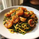A close-up of Keto Shrimp Scampi Zucchini Noodles topped with seasoned shrimp and green onions in a white bowl.