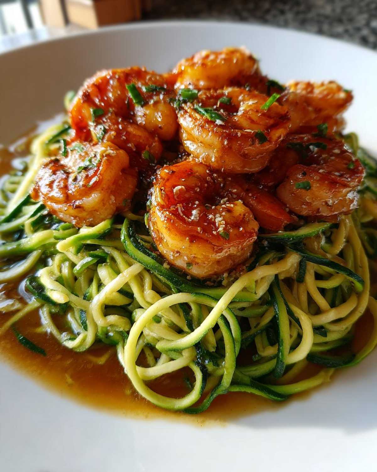 Close-up of Keto Shrimp Scampi Zucchini Noodles topped with glazed shrimp and fresh herbs.