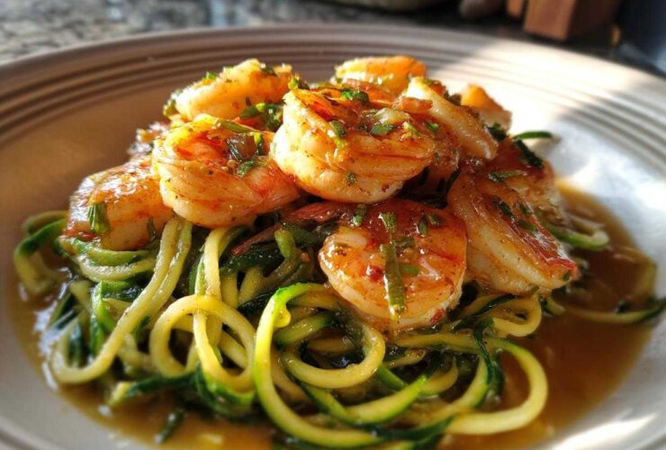 A close-up of Keto Shrimp Scampi Zucchini Noodles, featuring plump shrimp over green zucchini spirals in a buttery sauce.
