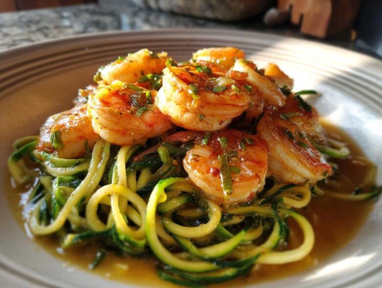 A close-up of Keto Shrimp Scampi Zucchini Noodles, featuring plump shrimp over green zucchini spirals in a buttery sauce.
