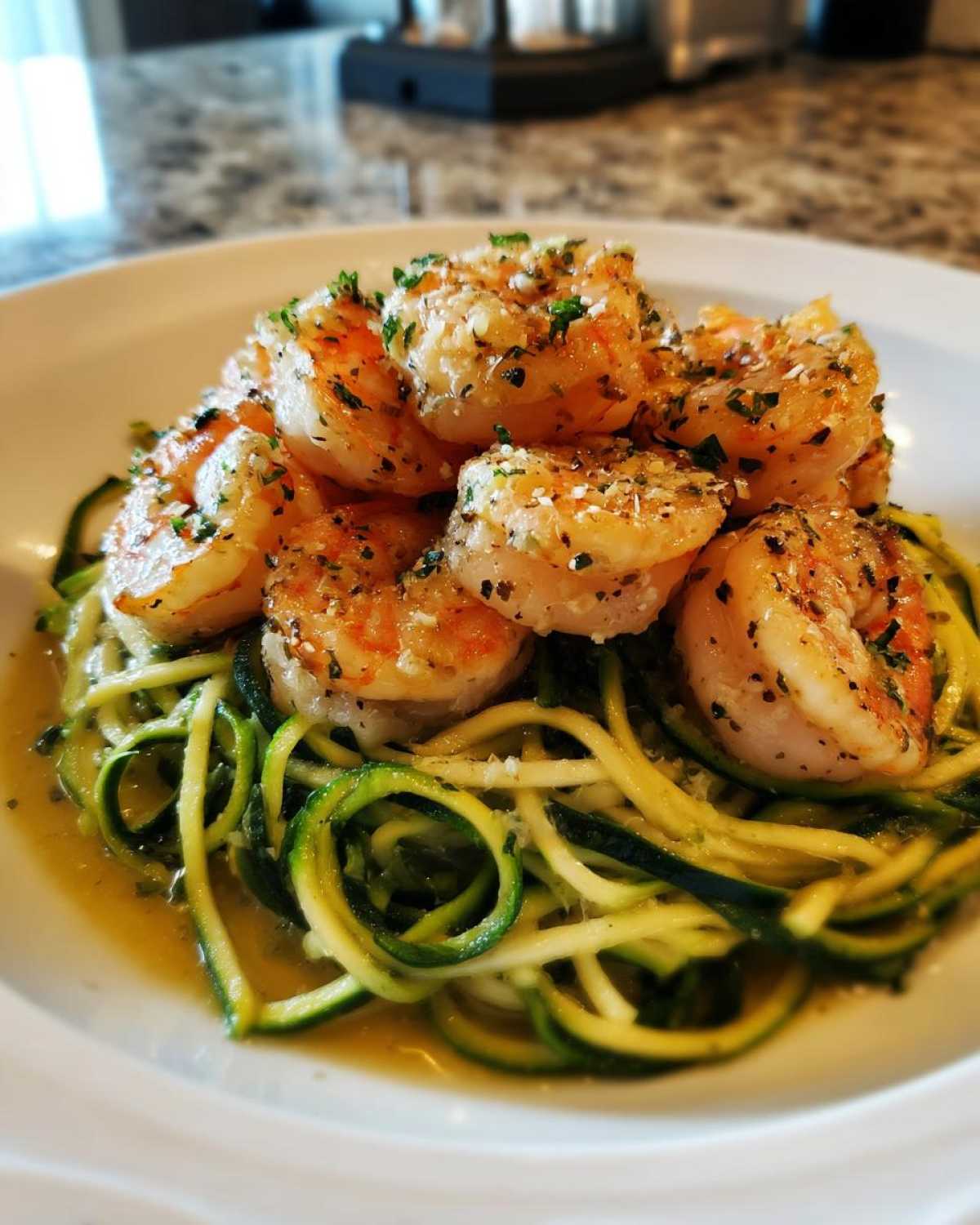 A close-up of perfectly cooked shrimp piled on a bed of zucchini noodles in a garlic butter sauce, ready for Keto Shrimp Scampi.