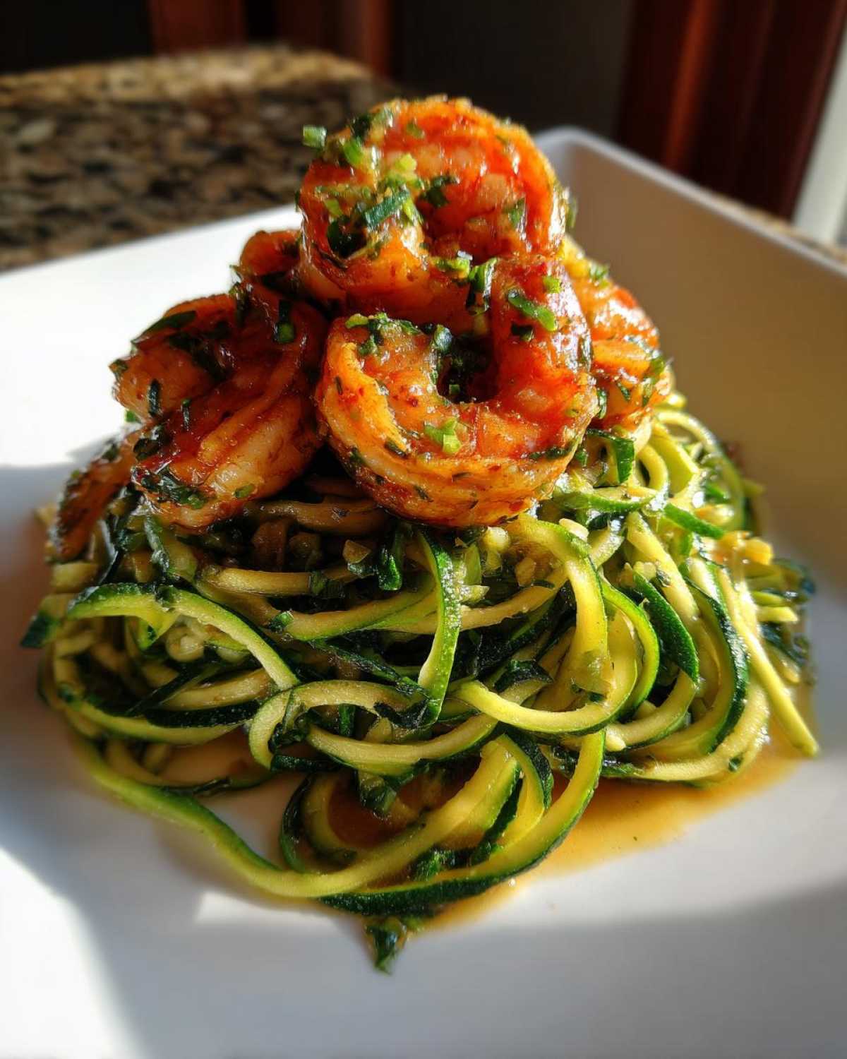 A mound of zucchini noodles topped with saucy shrimp in a Keto Shrimp Scampi Zucchini Noodles dish.