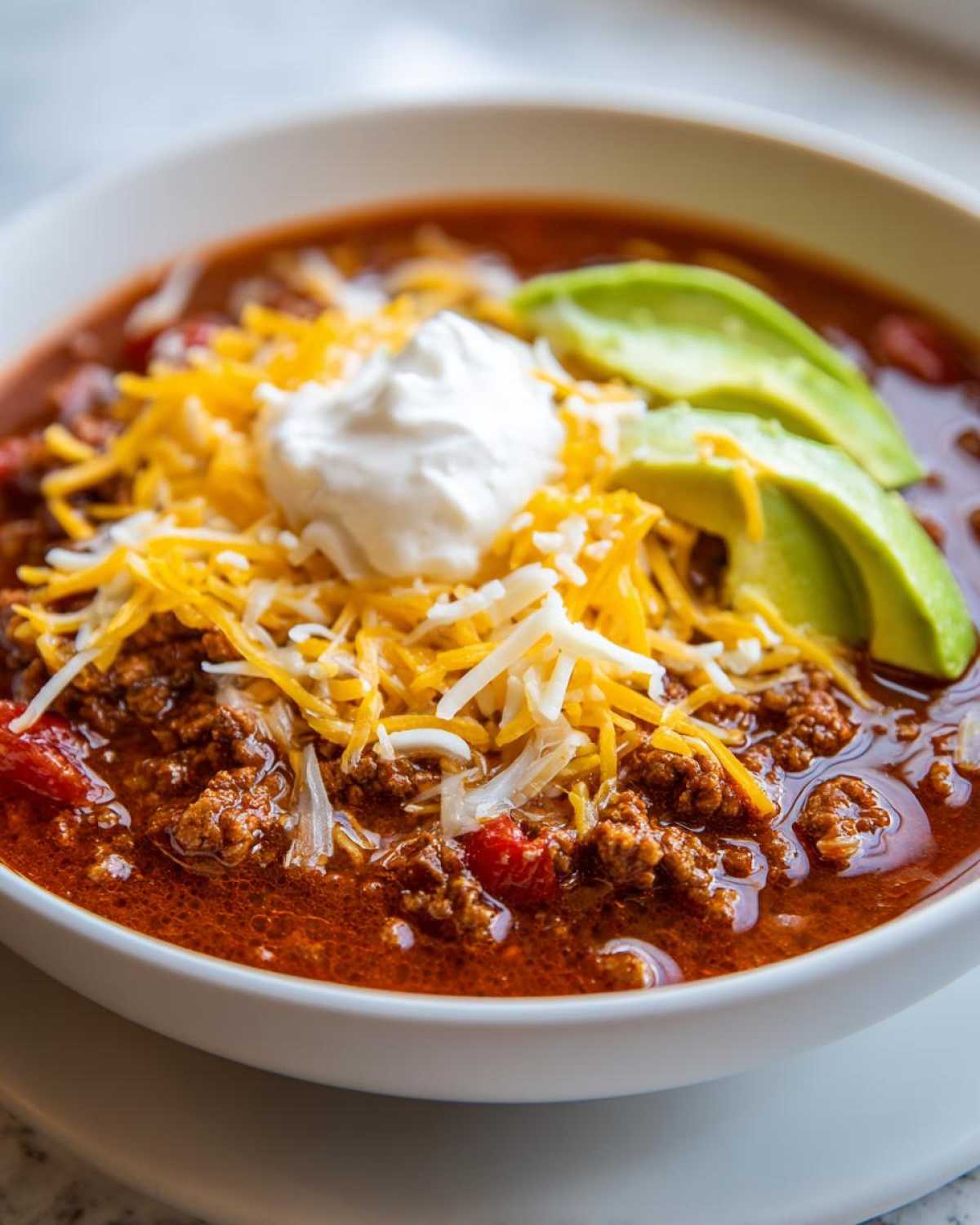 A close-up of a bowl of Keto Taco Soup with Ground Beef, topped with shredded cheese, sour cream, and avocado slices.