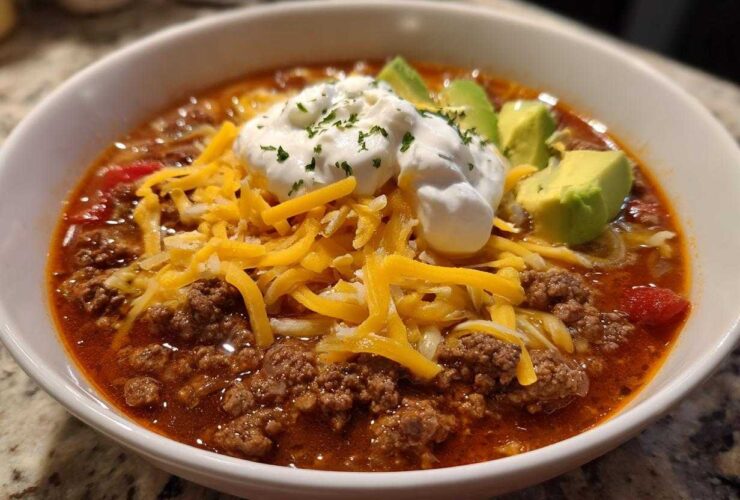 A close-up of a bowl of Keto Taco Soup with Ground Beef, topped with shredded cheese, sour cream, and avocado slices.