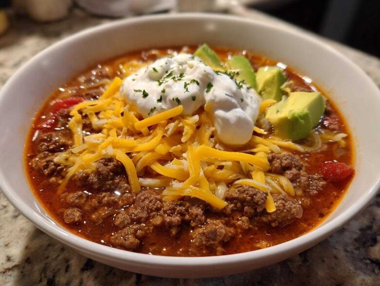 A close-up of a bowl of Keto Taco Soup with Ground Beef, topped with shredded cheese, sour cream, and avocado slices.