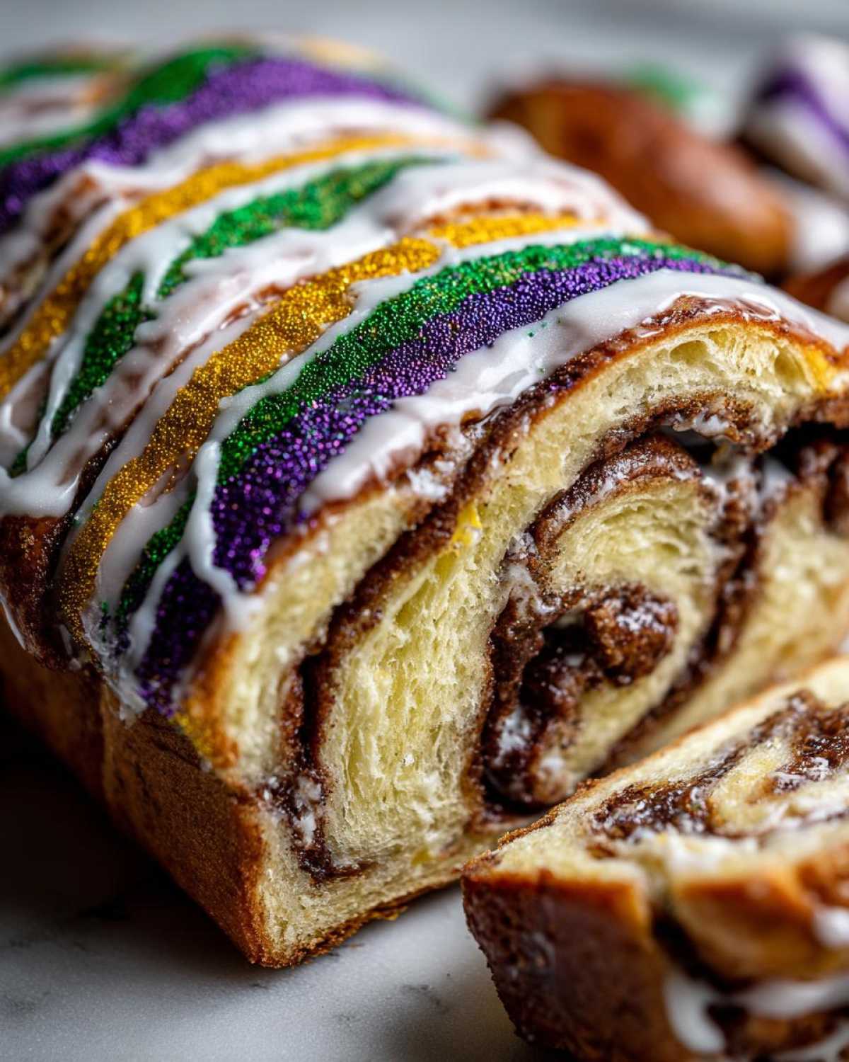 A close-up view of a sliced, cinnamon-swirled king cake topped with white icing and Mardi Gras colored sprinkles.