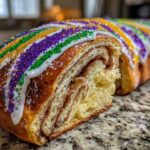 A cross-section of a delicious king cake showing cinnamon swirls, topped with white icing and purple, green, and gold sprinkles.