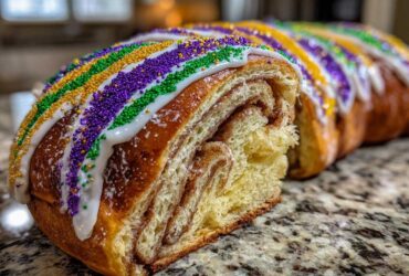 A cross-section of a delicious king cake showing cinnamon swirls, topped with white icing and purple, green, and gold sprinkles.