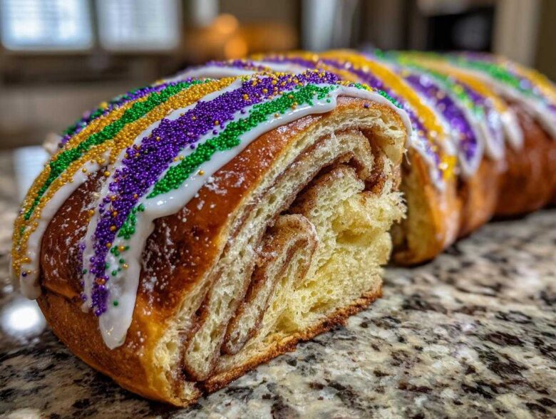 A cross-section of a delicious king cake showing cinnamon swirls, topped with white icing and purple, green, and gold sprinkles.