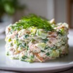 A molded serving of creamy salmon salad mixed with green vegetables, topped with fresh dill.