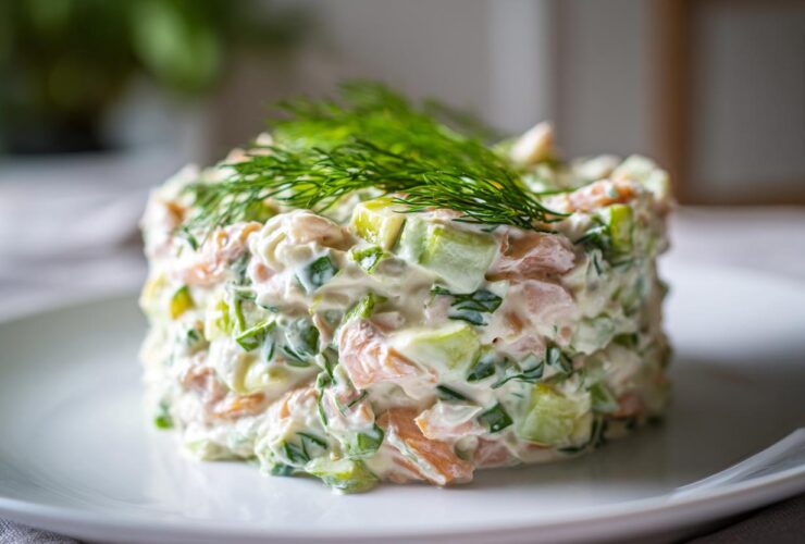 A molded serving of creamy salmon salad mixed with green vegetables, topped with fresh dill.