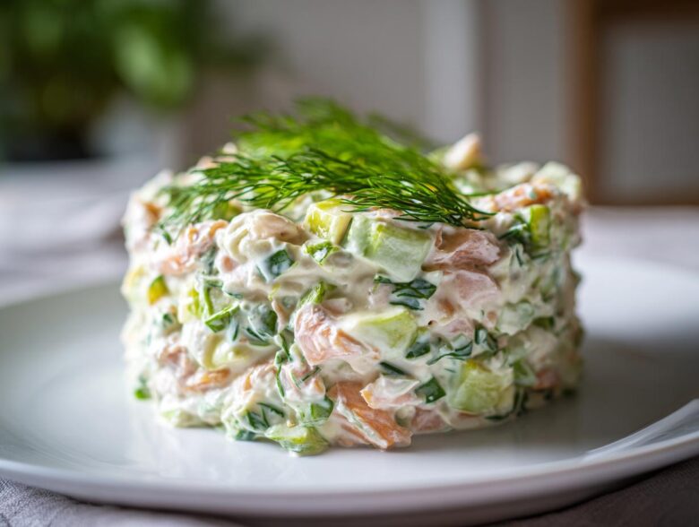A molded serving of creamy salmon salad mixed with green vegetables, topped with fresh dill.