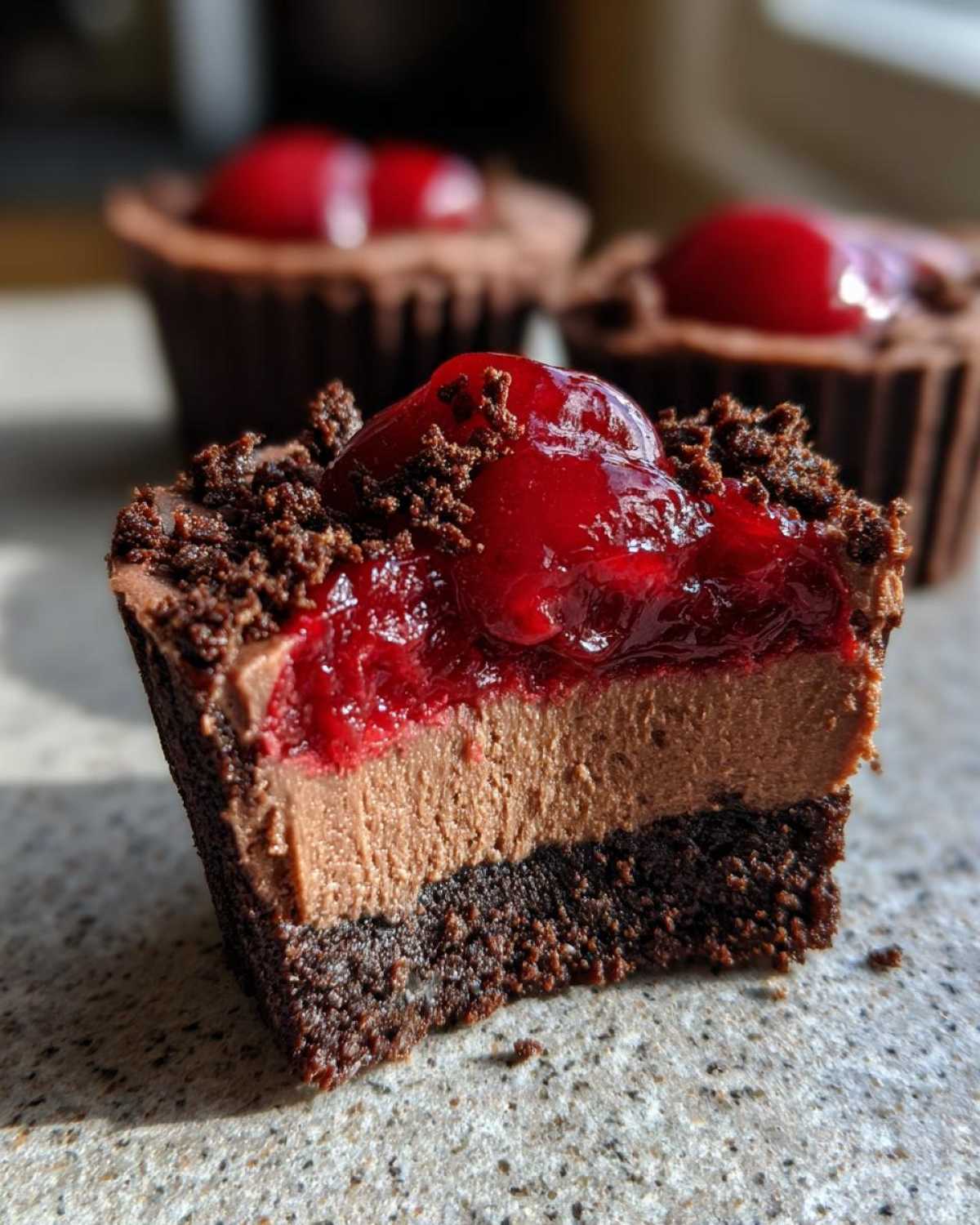 Cross-section view of a No-Bake Chocolate Cherry Cheesecake Cup showing chocolate crust, mousse, and cherry topping.