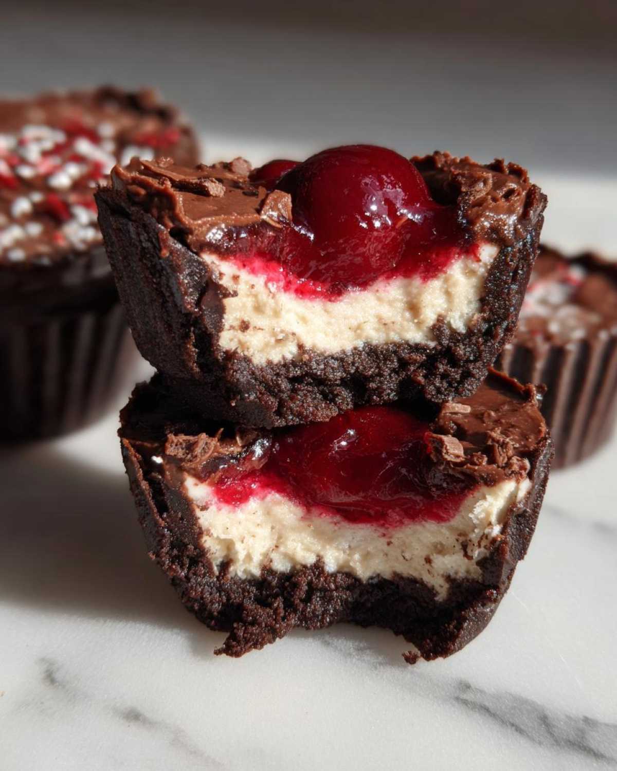 Two stacked halves of a No-Bake Chocolate Cherry Cheesecake Cup showing the dark crust, creamy filling, and cherry topping.