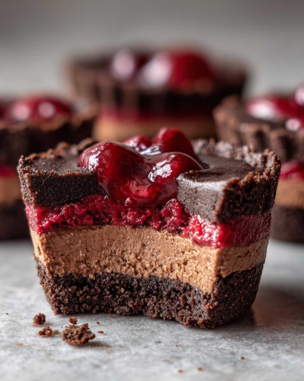 Cross-section view of a No-Bake Chocolate Cherry Cheesecake Cup showing layers of crust, mousse, and cherry topping.