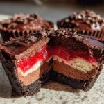Cross-section view showing the layers of a No-Bake Chocolate Cherry Cheesecake Cup, featuring chocolate crust, mousse, cherry filling, and topping.