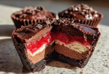Cross-section view showing the layers of a No-Bake Chocolate Cherry Cheesecake Cup, featuring chocolate crust, mousse, cherry filling, and topping.
