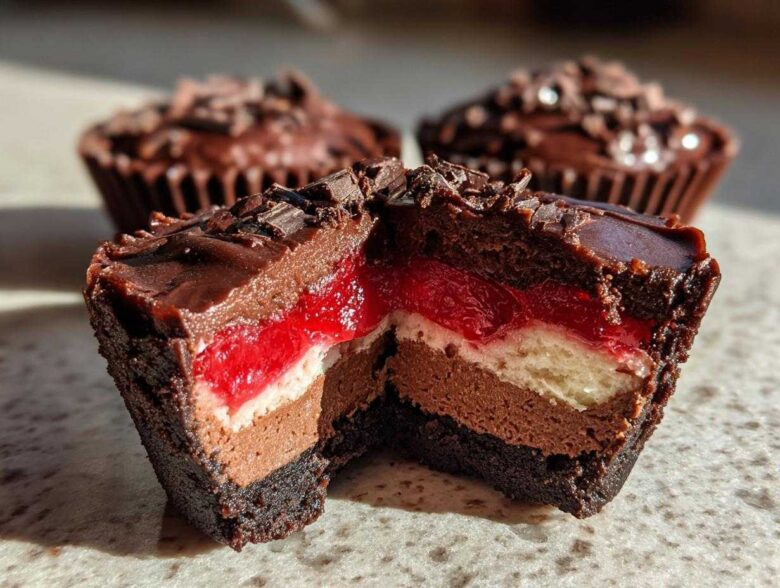 Cross-section view showing the layers of a No-Bake Chocolate Cherry Cheesecake Cup, featuring chocolate crust, mousse, cherry filling, and topping.