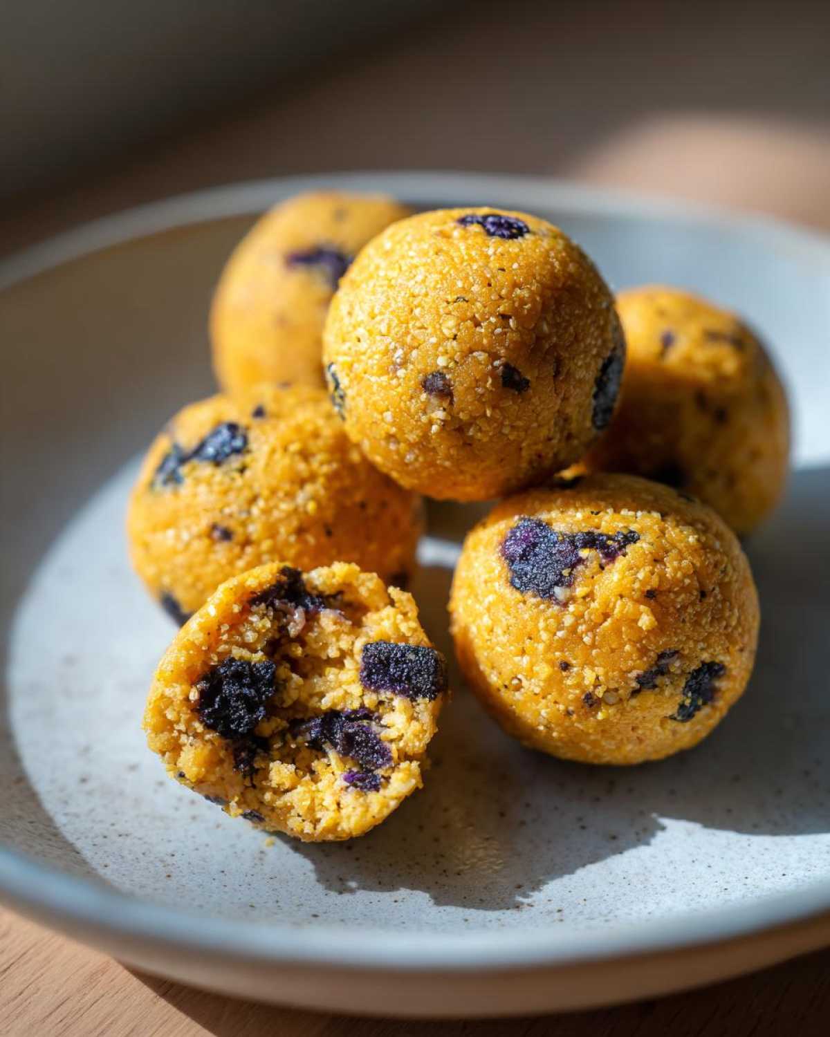 Close-up of several No-Bake Lemon Blueberry Energy Bites, one cut in half showing blueberries inside.