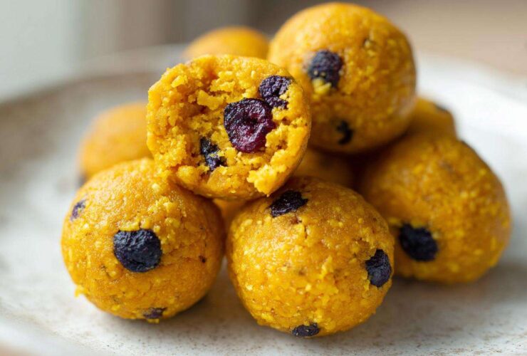 Close-up of vibrant yellow No-Bake Lemon Blueberry Energy Bites, one is broken open showing dried blueberries inside.