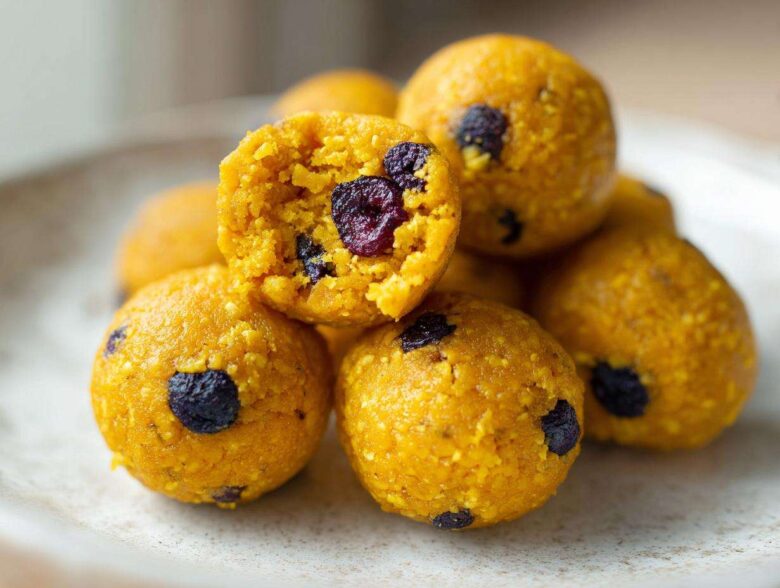 Close-up of vibrant yellow No-Bake Lemon Blueberry Energy Bites, one is broken open showing dried blueberries inside.