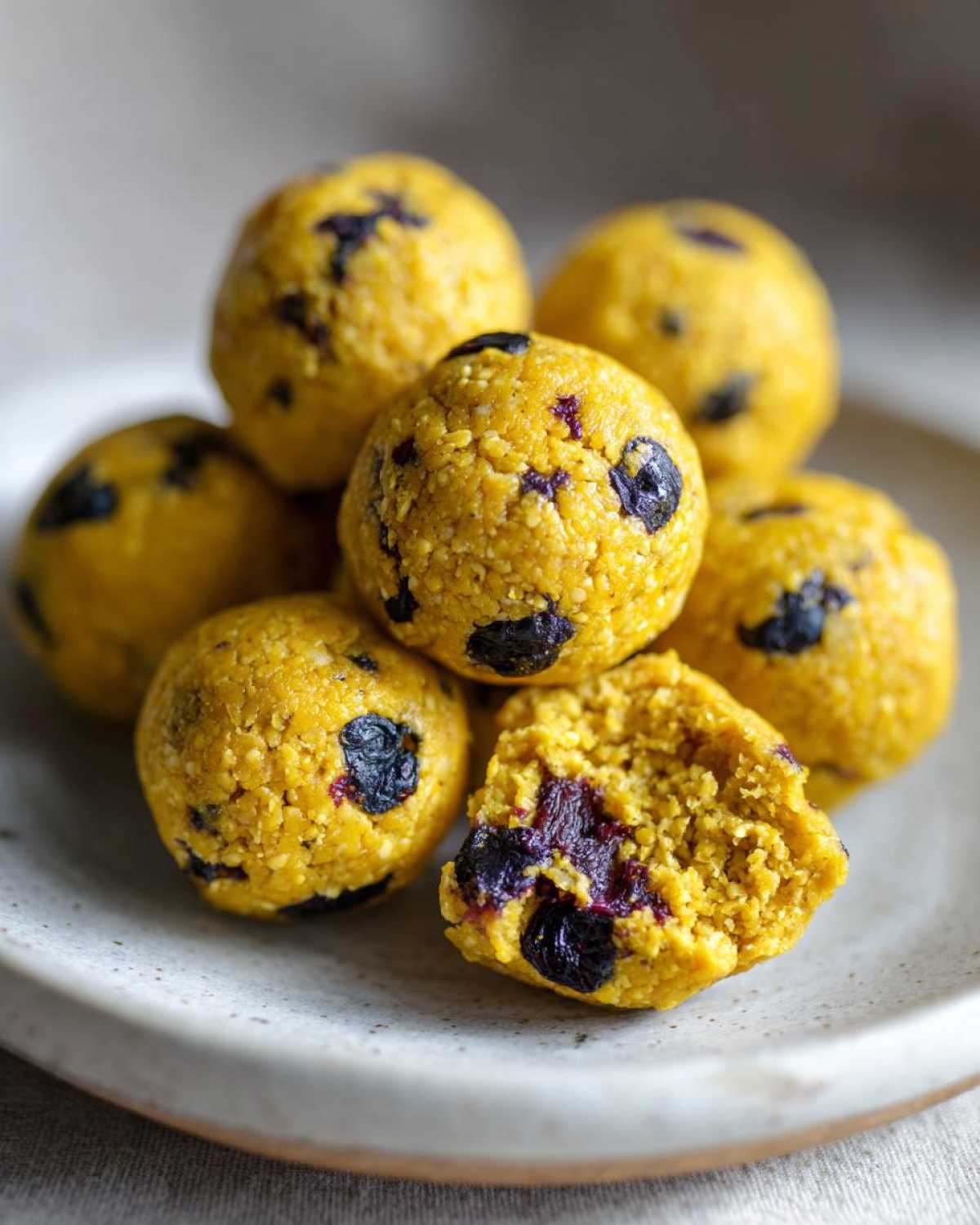 A stack of bright yellow No-Bake Lemon Blueberry Energy Bites with visible dried blueberries, one is broken open.