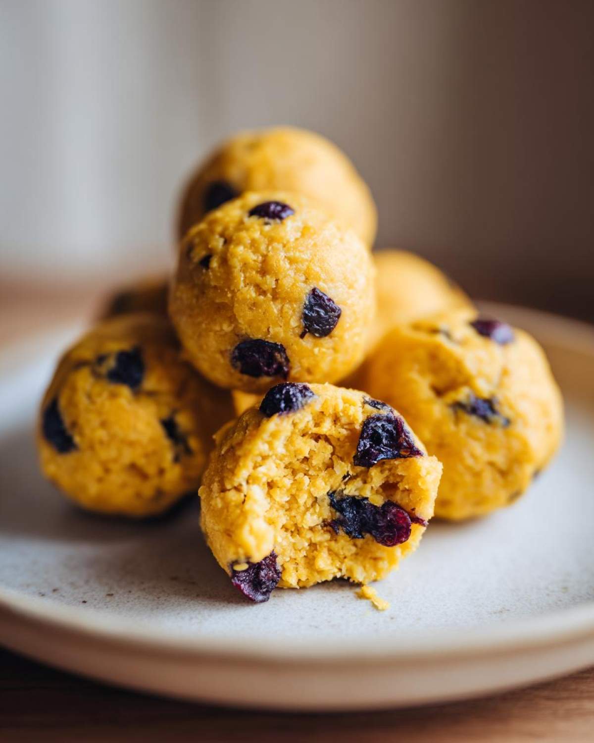 A stack of bright yellow No-Bake Lemon Blueberry Energy Bites, one bitten open showing dried blueberries inside.