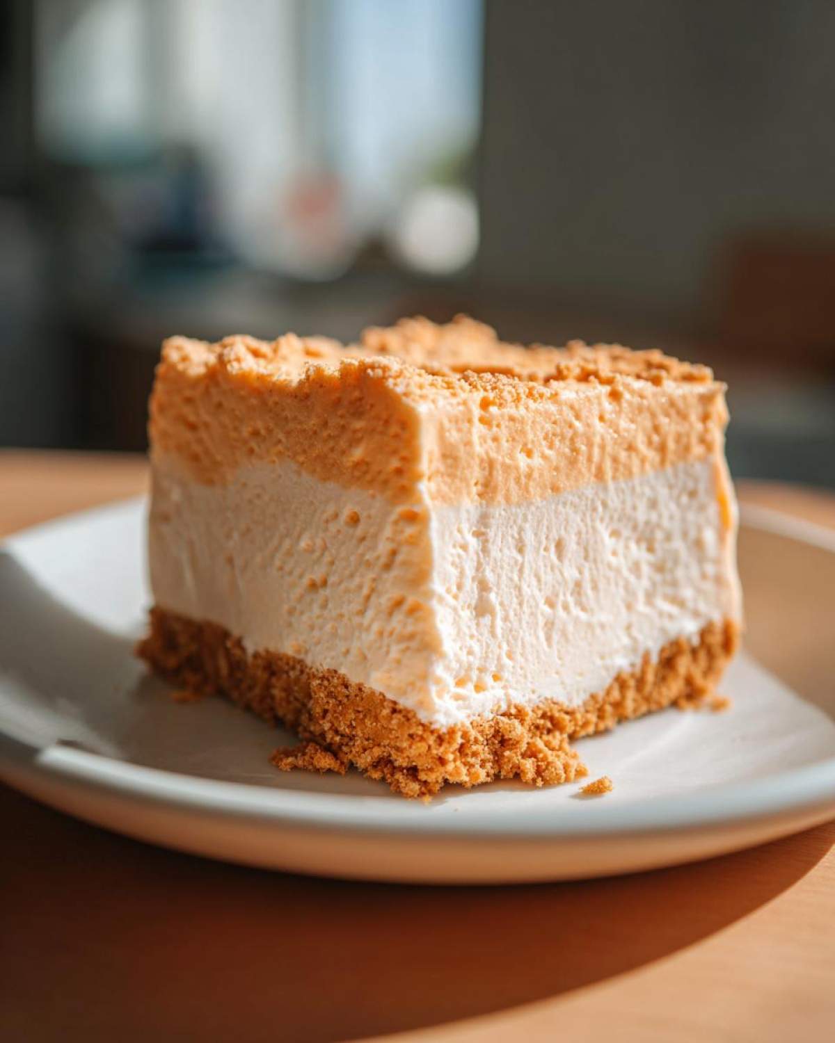 A single serving slice of No-Bake Orange Creamsicle Cheesecake Bars on a white plate.