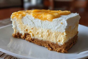 A close-up of a layered No-Bake Orange Creamsicle Cheesecake Bars slice on a white plate.