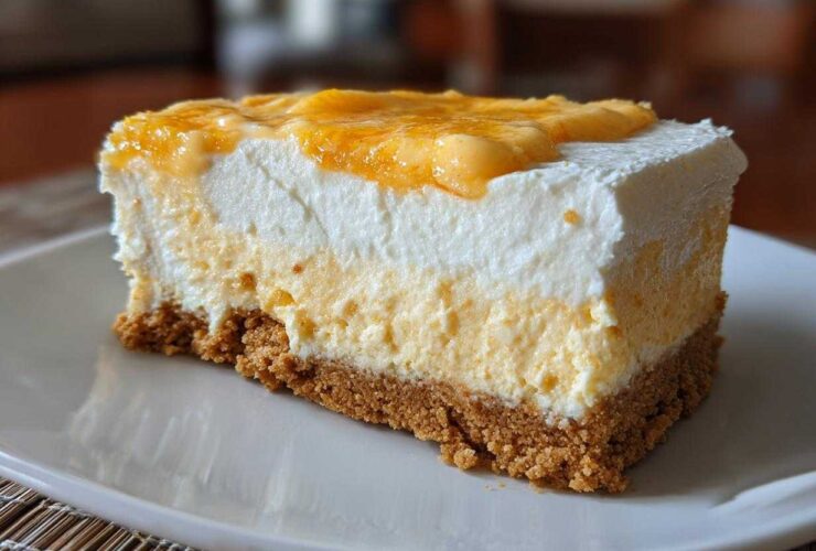 A close-up of a layered No-Bake Orange Creamsicle Cheesecake Bars slice on a white plate.