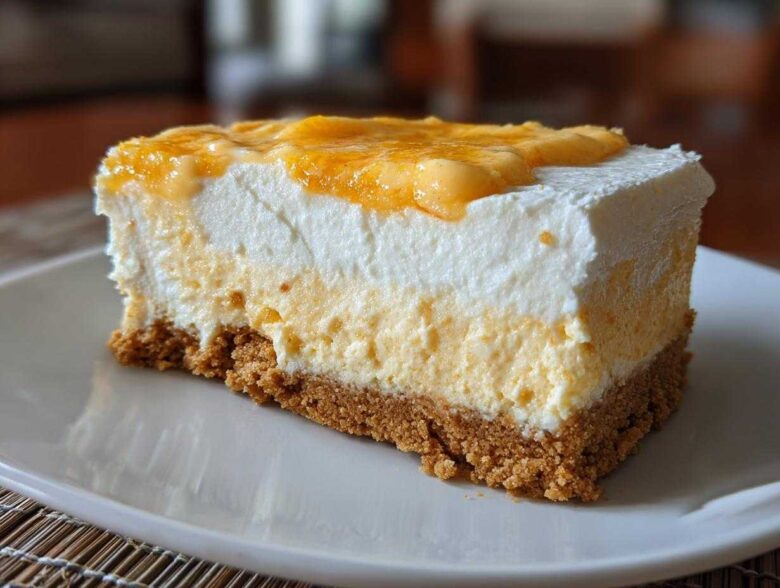 A close-up of a layered No-Bake Orange Creamsicle Cheesecake Bars slice on a white plate.