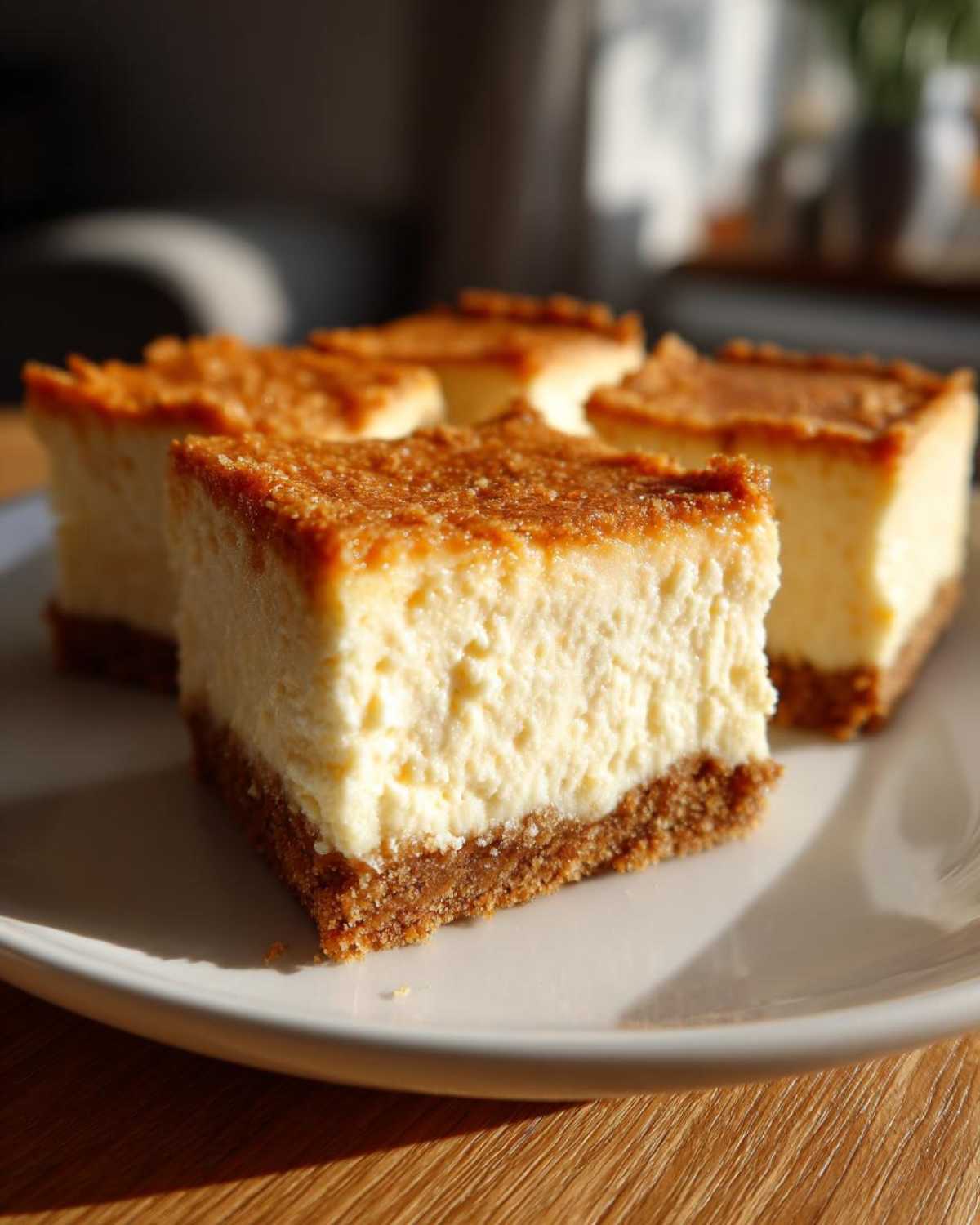 Four square slices of No-Bake Orange Creamsicle Cheesecake Bars with a graham cracker crust on a white plate.