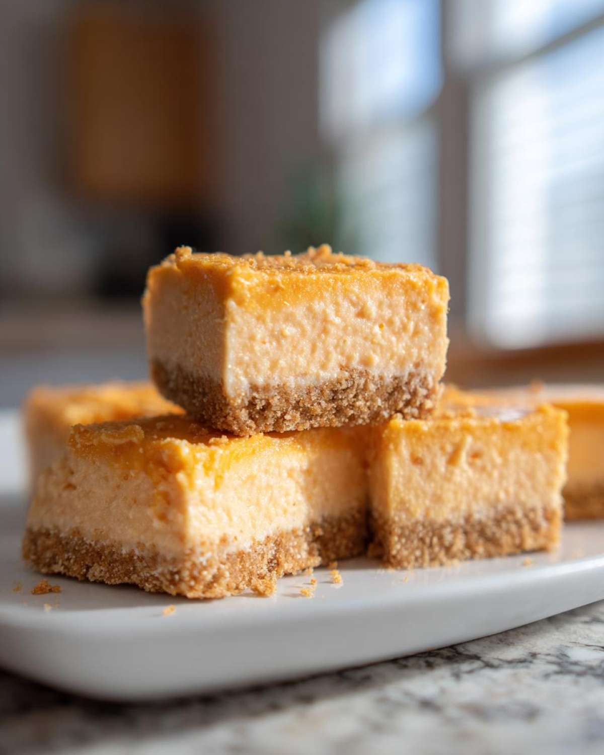 Close-up of stacked No-Bake Orange Creamsicle Cheesecake Bars with graham cracker crust.