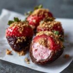 Cross-section of a No-Bake Strawberry Cheesecake Stuffed Date showing pink filling, chocolate dip, and graham cracker topping.