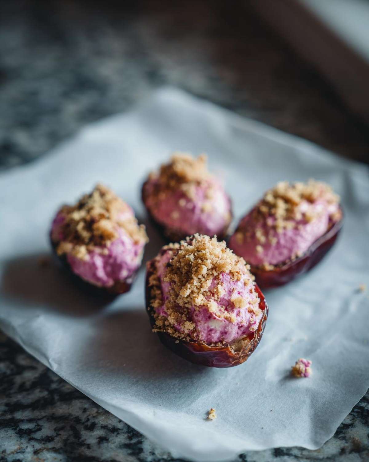 Four No-Bake Strawberry Cheesecake Stuffed Dates topped with graham cracker crumbs on parchment paper.