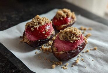Three No-Bake Strawberry Cheesecake Stuffed Dates topped with graham cracker crumbs on parchment paper.