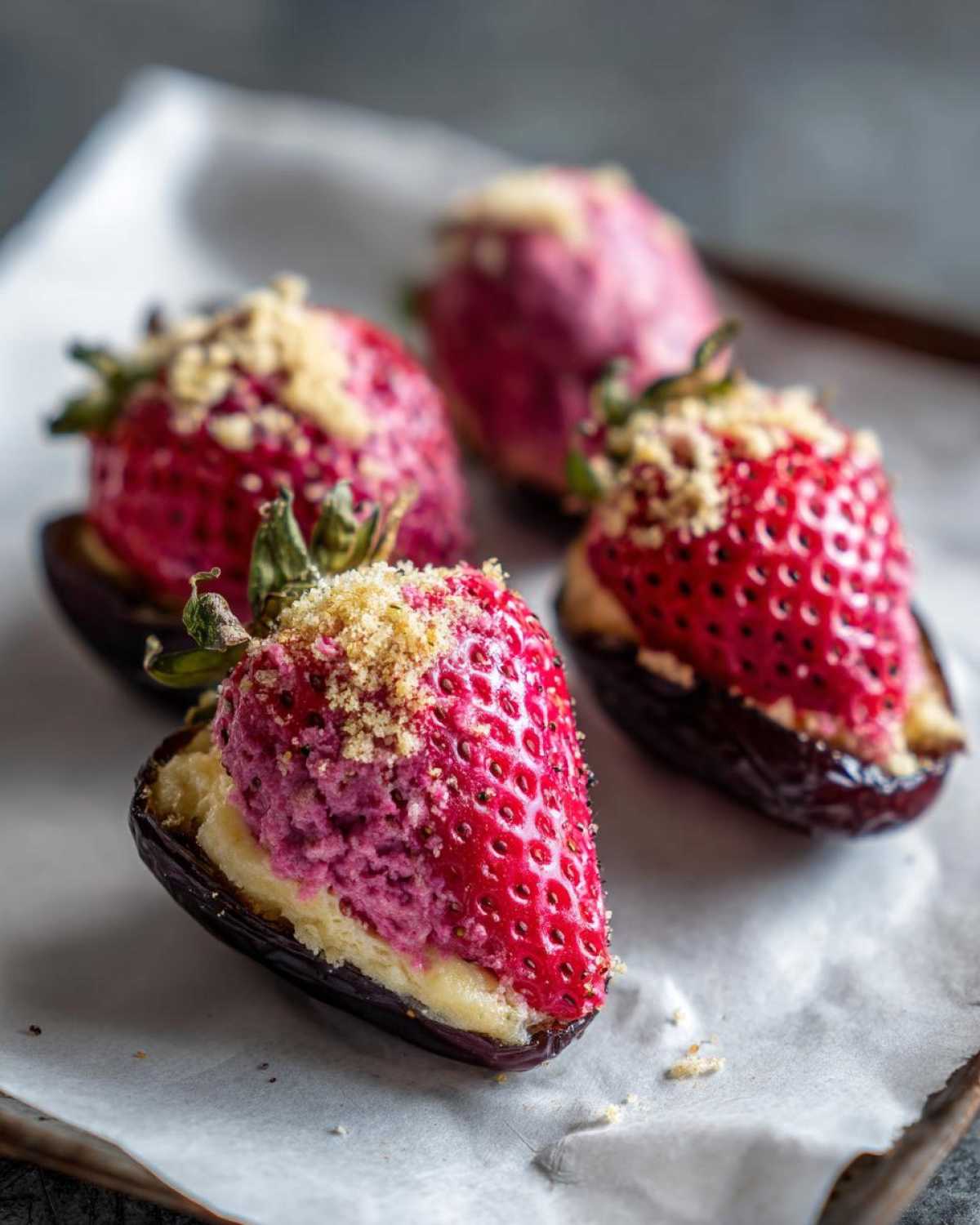 Four No-Bake Strawberry Cheesecake Stuffed Dates featuring bright red strawberries and creamy filling on parchment paper.