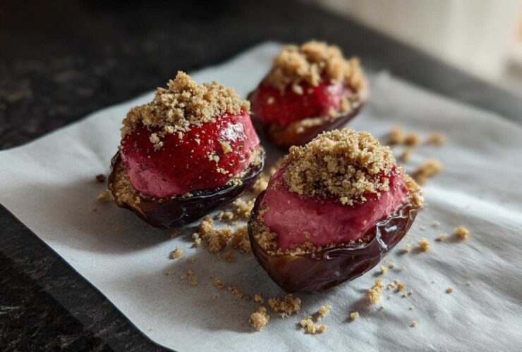 Three No-Bake Strawberry Cheesecake Stuffed Dates topped with graham cracker crumbs on parchment paper.